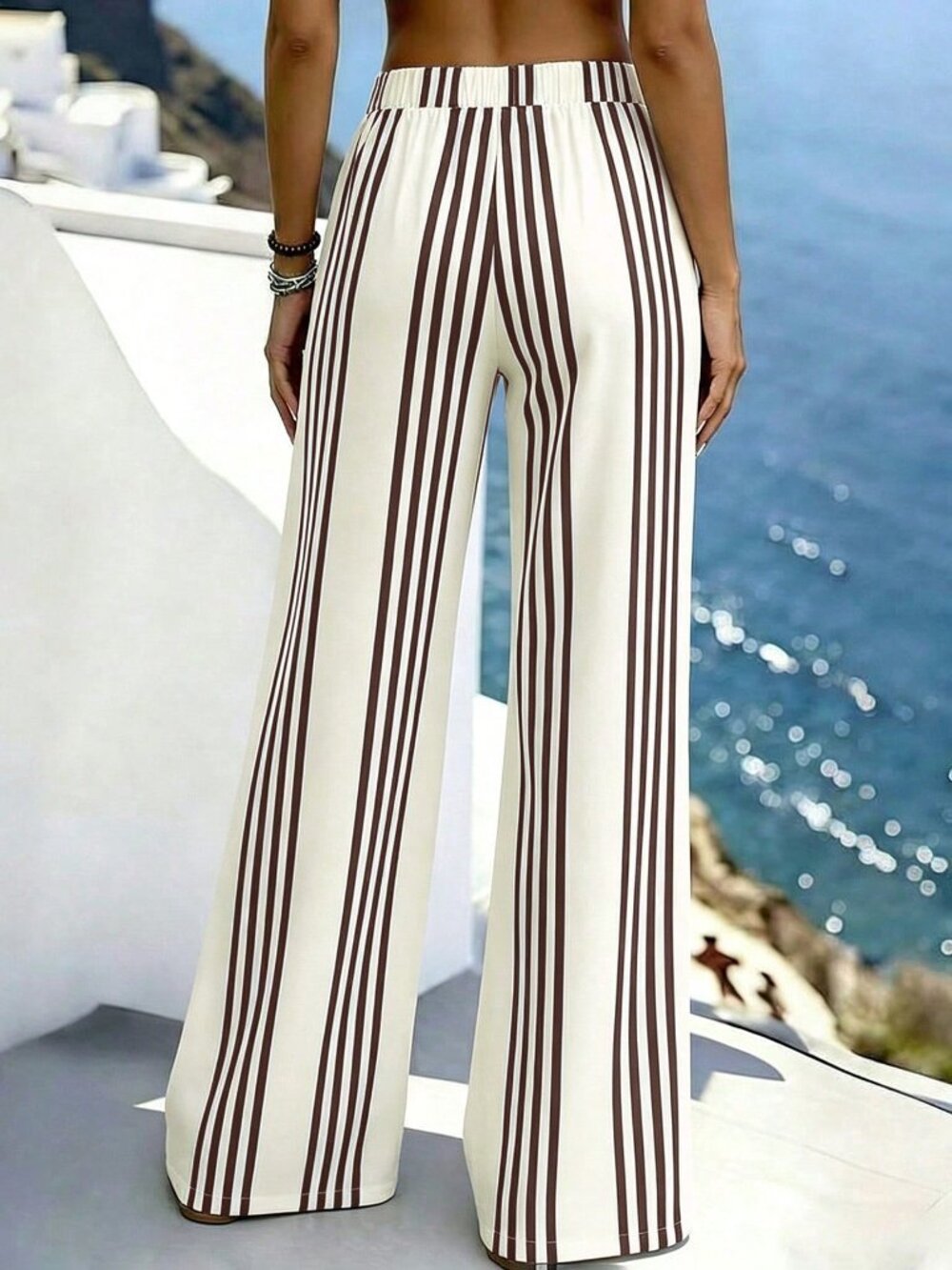 Brown Casual Women's Striped Wide Leg Trousers - Picture 2 of 6